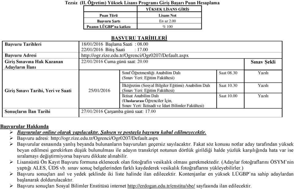 aspx Giriş Sınavına Hak Kazanan 22/01/2016 Cuma günü saat: 20.00 Adayların İlanı Sınav Şekli Sınıf Öğretmenliği Anabilim Dalı Saat 08.