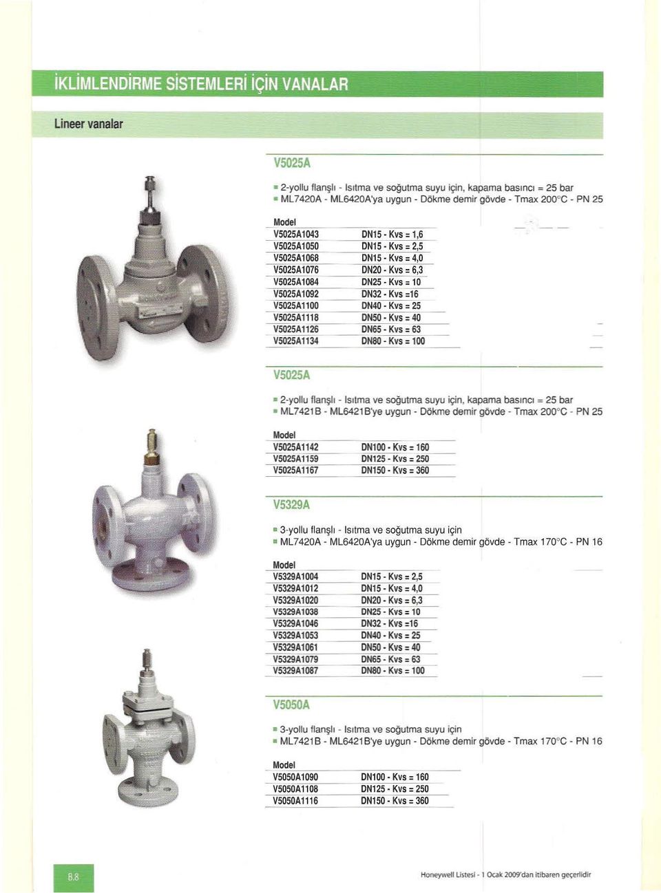 ısıtma ve soğutma suyu için, kapama basıncı '" 25 bar Ml74218 - ML64218'ye uygun - Dökme demir govde Tmax 200"C PN 25 V5329A 3-yollu ftanşh - ısıtma ve soğutma suyu için