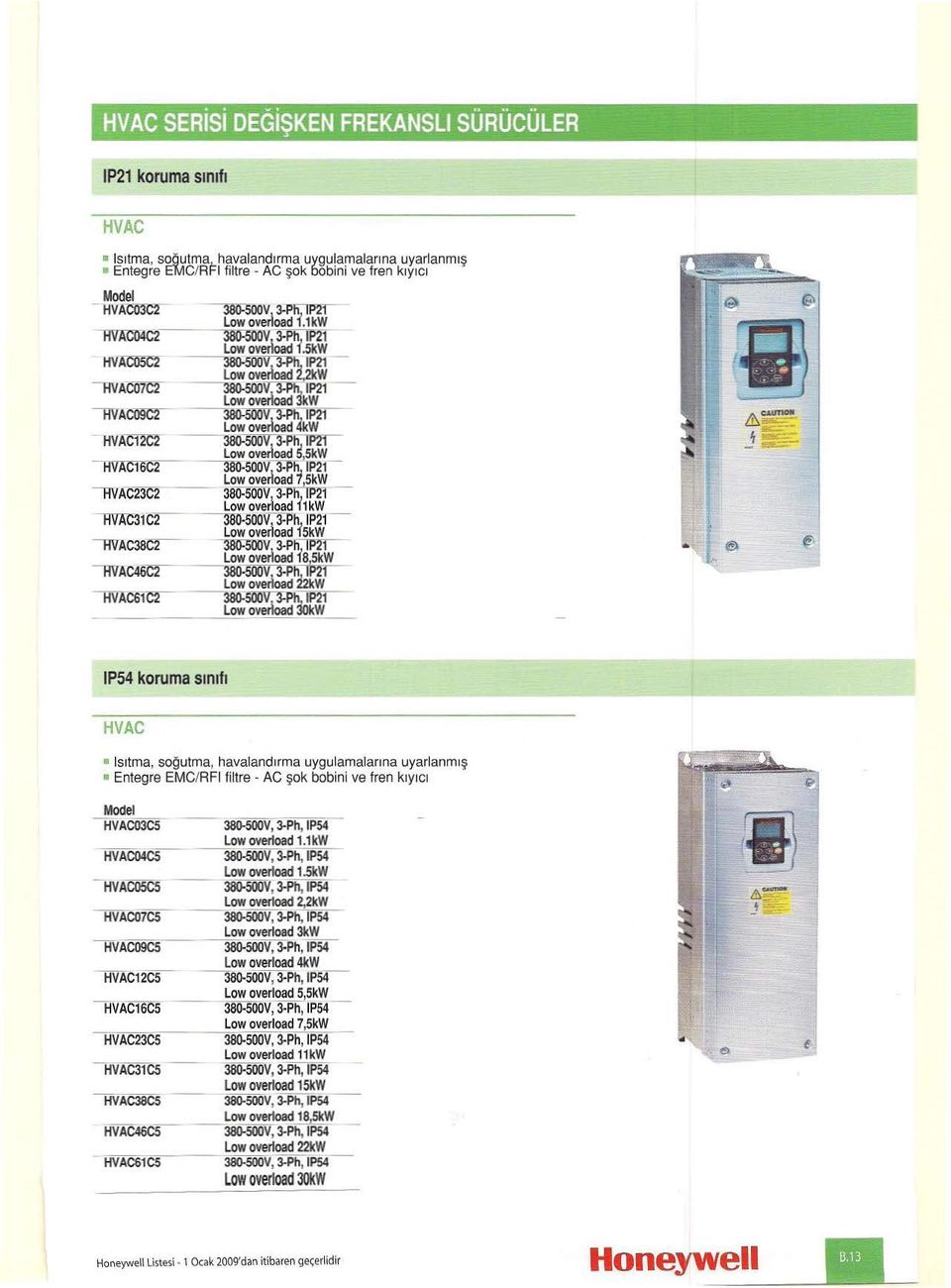 IP54 koruma sınıfı HVAC ısıtma, soöuıme, havalandırma uygulamalarına uyarlanmış Entegre EMe/RFI filtre - AC şok bobini ve fren kıyıcı HVAC03C5 -- 38O-5ODV, 3-Ph, IPS4- Lowoverload1.