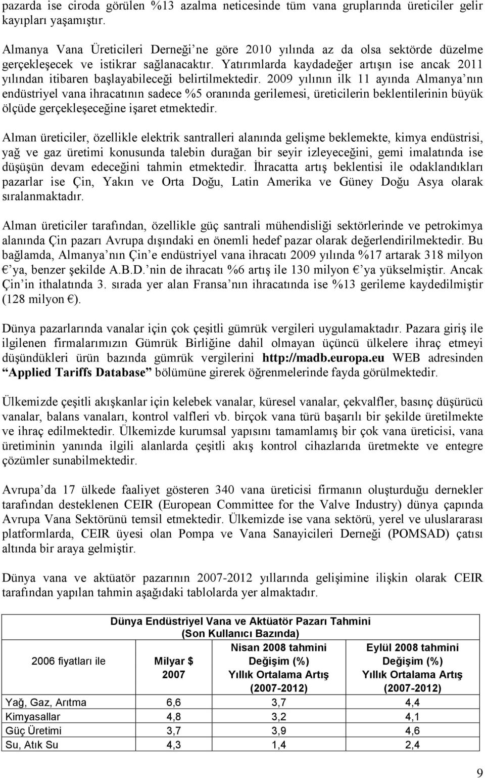 Yatırımlarda kaydadeğer artışın ise ancak 2011 yılından itibaren başlayabileceği belirtilmektedir.