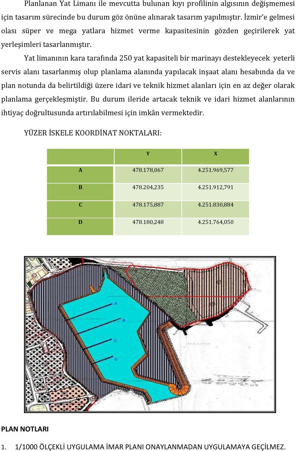 Yat limanının kara tarafında 250 yat kapasiteli bir marinayı destekleyecek yeterli servis alanı tasarlanmış olup planlama alanında yapılacak inşaat alanı hesabında da ve plan notunda da belirtildiği