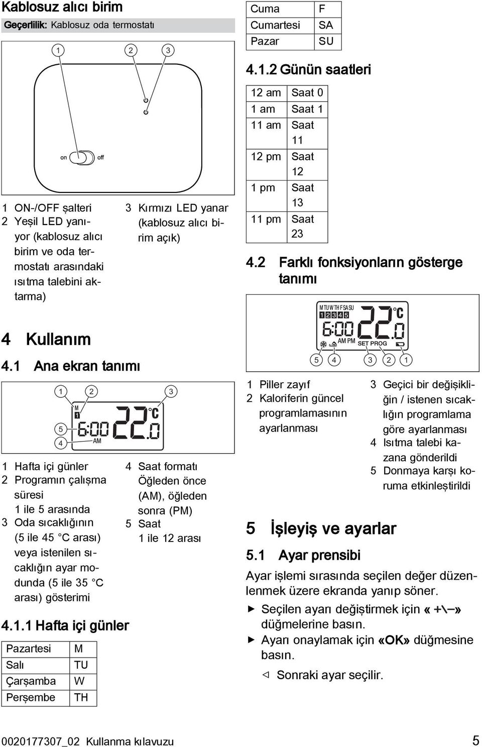 2 Günün saatleri 1 ON-/OFF şalteri 2 Yeşil LED yanıyor (kablosuz alıcı birim ve oda termostatı arasındaki ısıtma talebini aktarma) 3 Kırmızı LED yanar (kablosuz alıcı birim açık) 12 am Saat 0 1 am