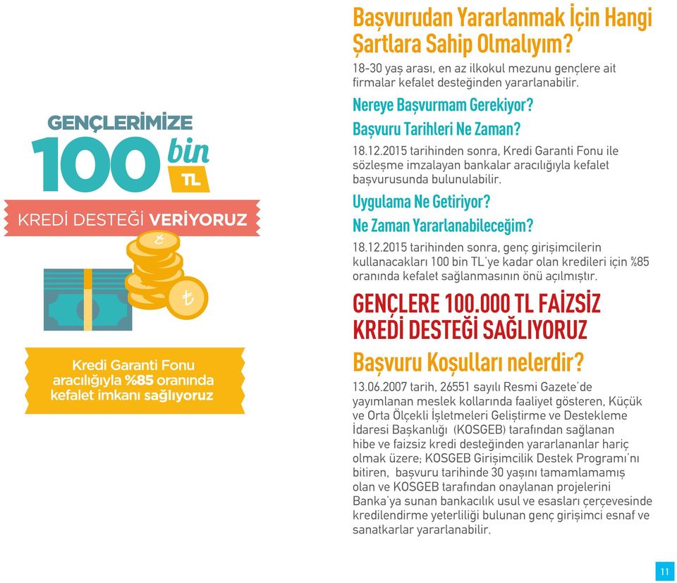 Ne Zaman Yararlanabileceğim? 18.12.2015 tarihinden sonra, genç girişimcilerin kullanacakları 100 bin TL ye kadar olan kredileri için %85 oranında kefalet sağlanmasının önü açılmıştır. GENÇLERE 100.