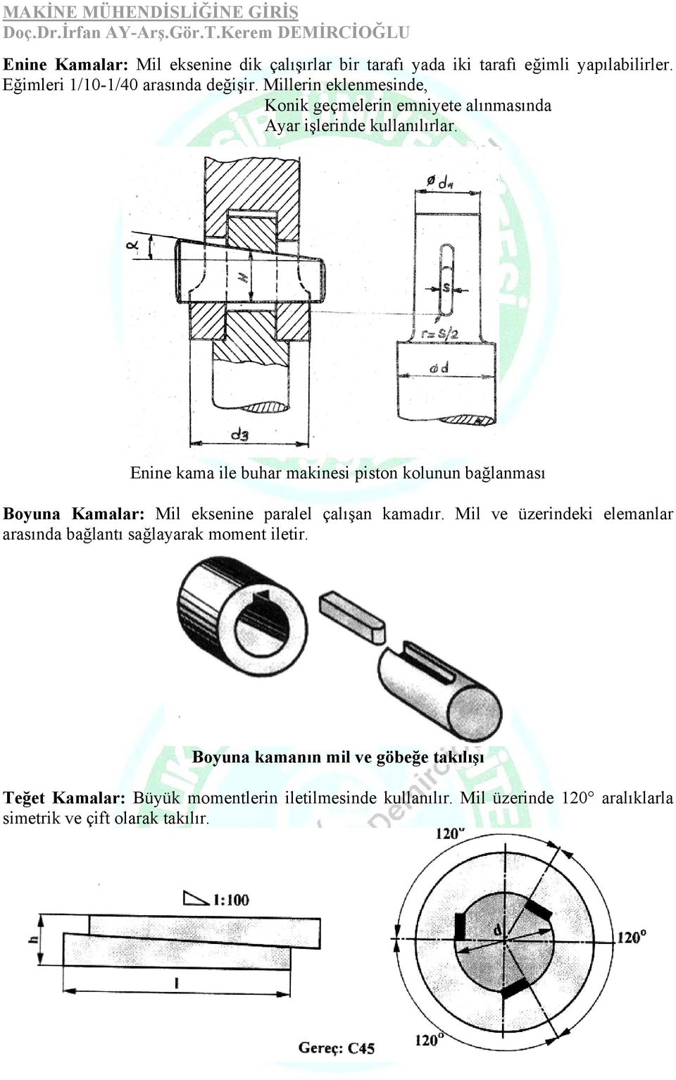 Enine kama ile buhar makinesi piston kolunun bağlanması Boyuna Kamalar: Mil eksenine paralel çalışan kamadır.