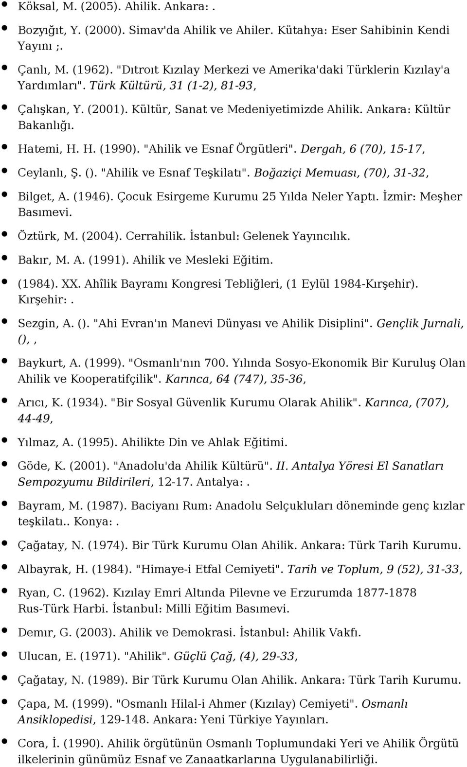 Hatemi, H. H. (1990). "Ahilik ve Esnaf Örgütleri". Dergah, 6 (70), 15-17, Ceylanlı, Ş. (). "Ahilik ve Esnaf Teşkilatı". Boğaziçi Memuası, (70), 31-32, Bilget, A. (1946).