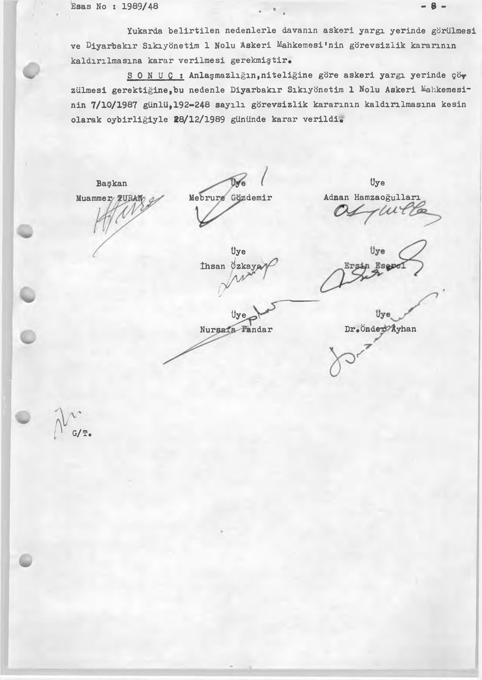 nedenle Diyarbakır Sıkıyönetim 1 Nolu Askeri Mahkemesinin 7/10/1987 günlü,192-248 sayılı görevsizlik kararının kaldırılmasına kesin olarak oybirliğiyle