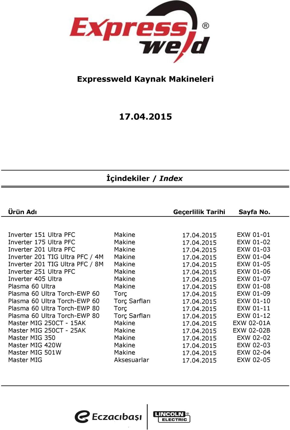 Expressweld Kaynak Makineleri İçindekiler / Index Ürün Adı Geçerlilik  Tarihi Sayfa No. - PDF Free Download