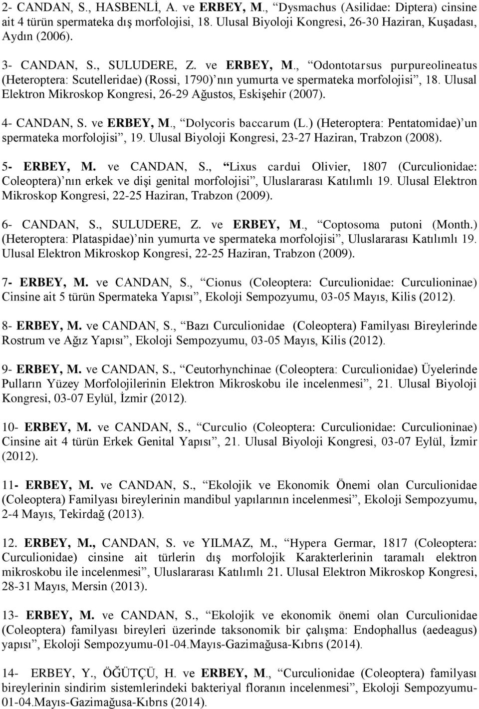 Ulusal Elektron Mikroskop Kongresi, 26-29 Ağustos, Eskişehir (2007). 4- CANDAN, S. ve ERBEY, M., Dolycoris baccarum (L.) (Heteroptera: Pentatomidae) un spermateka morfolojisi, 19.