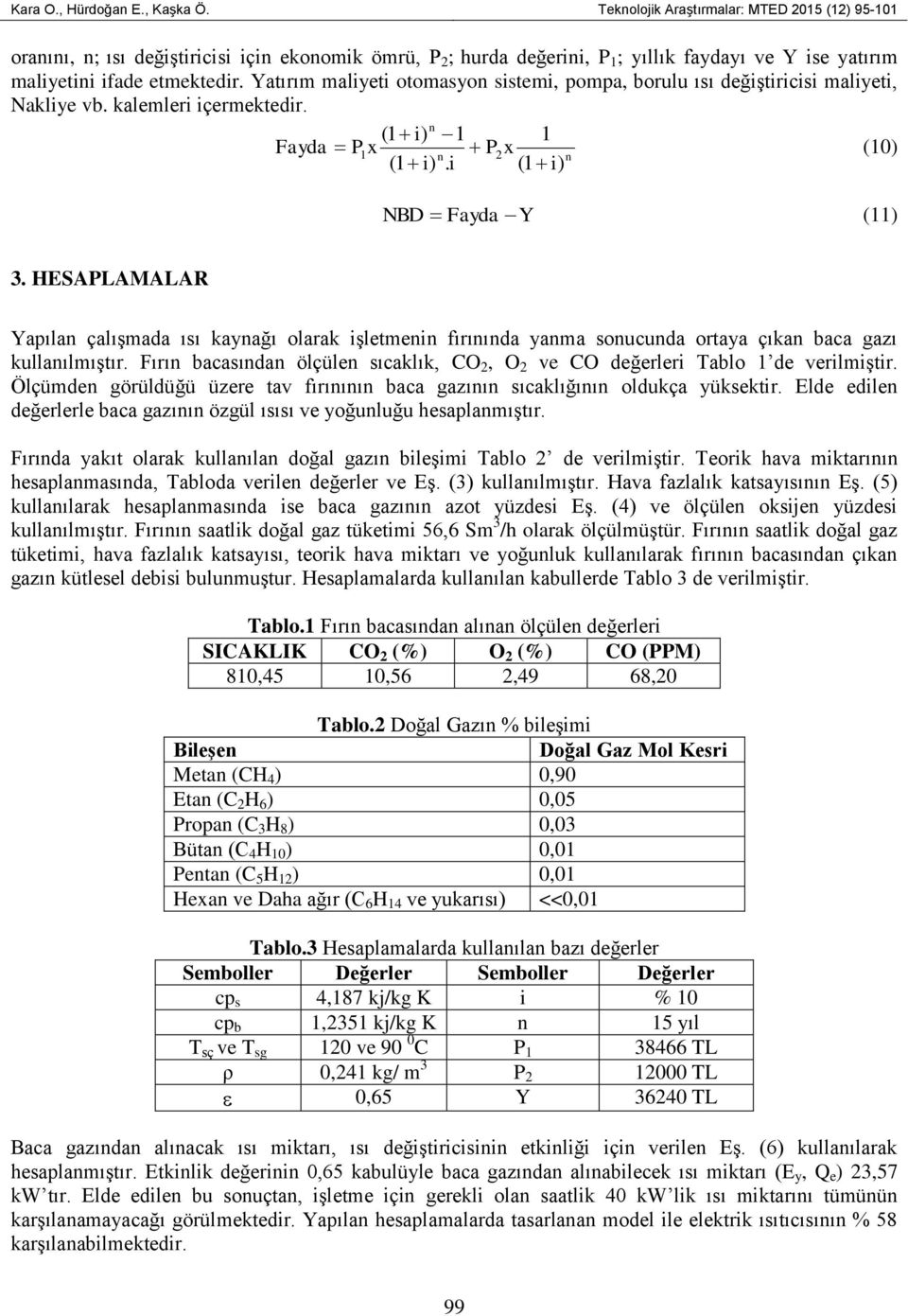 ESAPLAMALAR Yapılan çalışmada ısı kaynağı olarak işletmenin fırınında yanma sonucunda ortaya çıkan baca gazı kullanılmıştır Fırın bacasından ölçülen sıcaklık, CO 2, O 2 ve CO değerleri Tablo 1 de