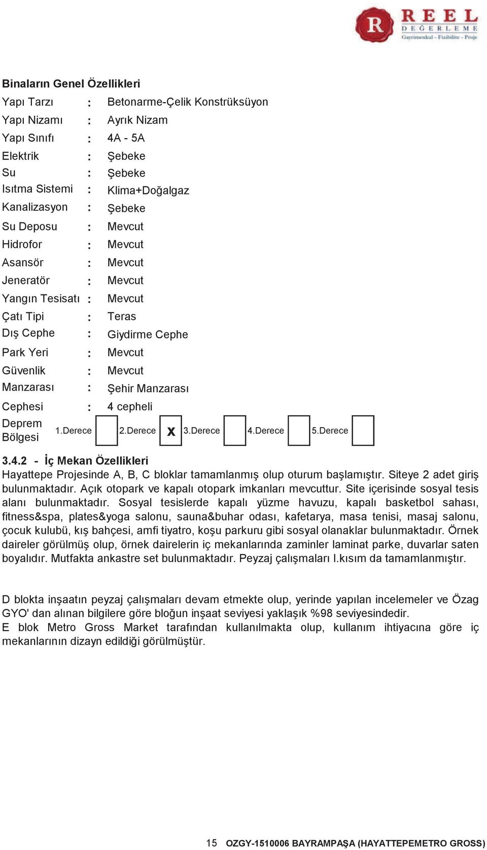 Manzarası 4 cepheli x 1.Derece 2.Derece 3.Derece 4.Derece 5.Derece 3.4.2 - İç Mekan Özellikleri Hayattepe Projesinde A, B, C bloklar tamamlanmış olup oturum başlamıştır.