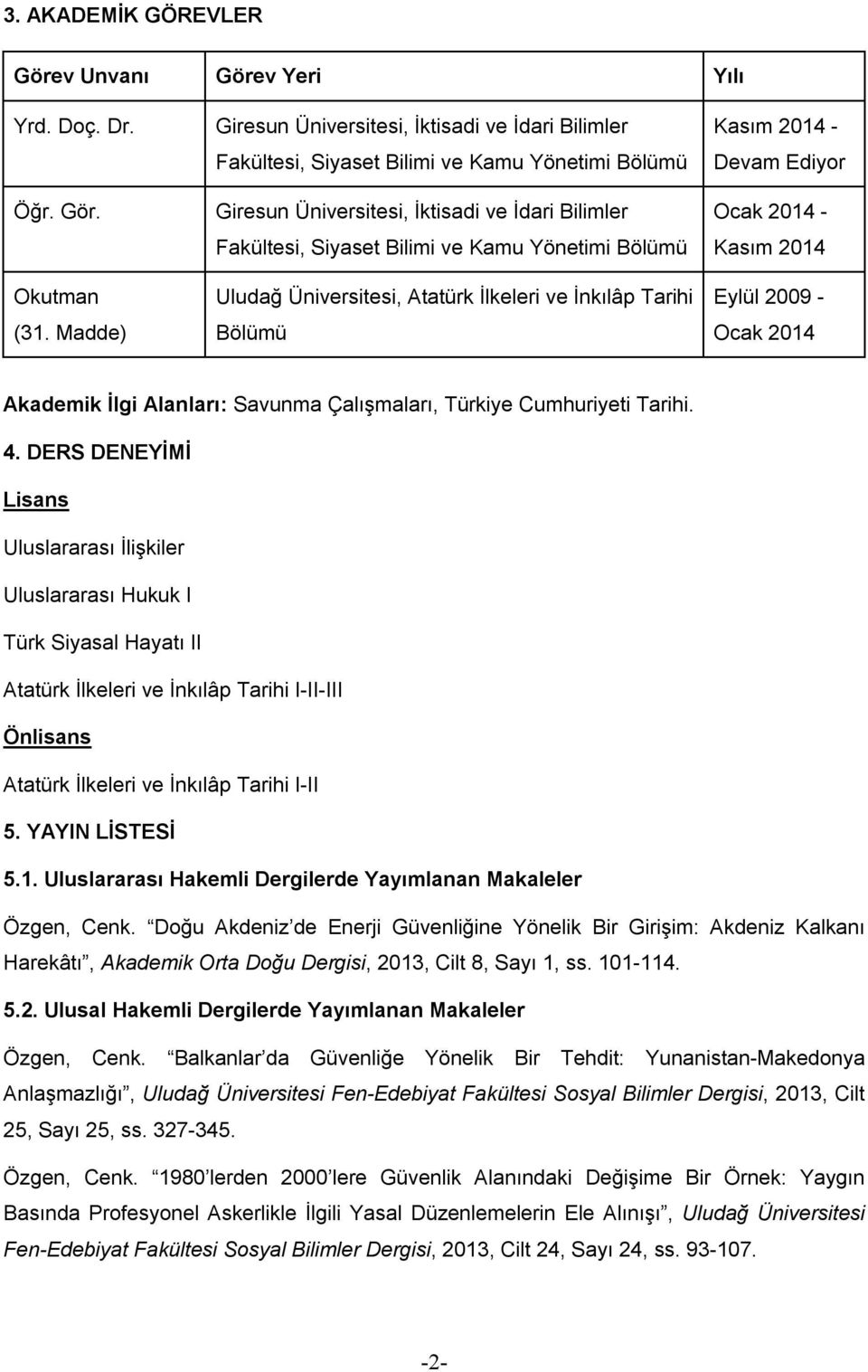 Bölümü Uludağ Üniversitesi, Atatürk İlkeleri ve İnkılâp Tarihi Bölümü Kasım 2014 - Devam Ediyor Ocak 2014 - Kasım 2014 Eylül 2009 - Ocak 2014 Akademik İlgi Alanları: Savunma Çalışmaları, Türkiye