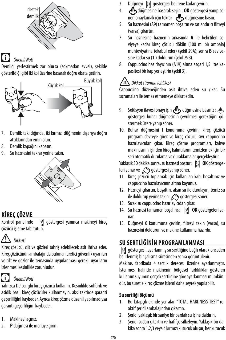 Su haznesine haznenin arkasında A ile belirtilen seviyeye kadar kireç çözücü dökün (100 ml bir ambalaj muhteviyatına tekabül eder) (şekil 29A); sonra B seviyesine kadar su (1l) doldurun (şekil 29B).