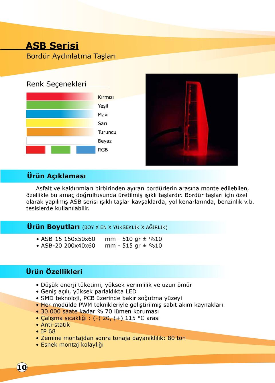 Ürün Boyutları (BOY X EN X YÜKSEKLİK X AĞIRLIK) ASB-15 150x50x60 mm - 510 gr ± %10 ASB-20 200x40x60 mm - 515 gr ± %10 Ürün Özellikleri Düşük enerji tüketimi, yüksek verimlilik ve uzun ömür Geniş