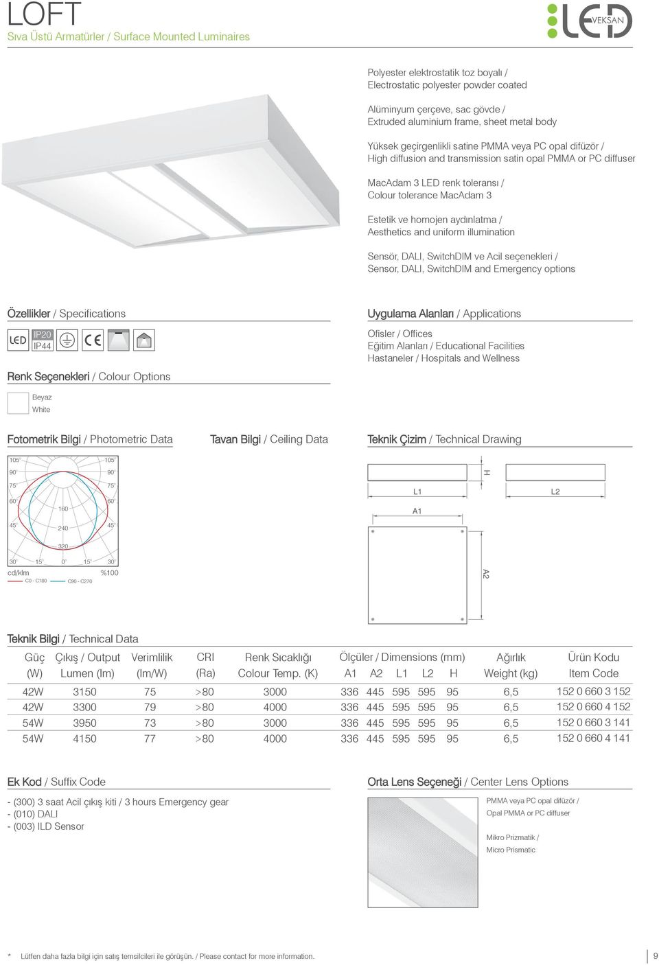 homojen aydınlatma / Aesthetics and uniform illumination Sensör, DALI, SwitchDIM ve Acil seçenekleri / Sensor, DALI, SwitchDIM and Emergency options Özellikler / Specifications IP20 IP44 Renk