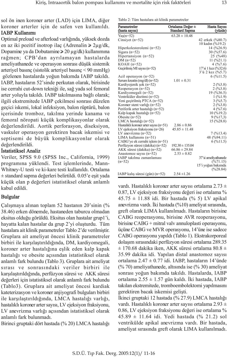 hastalarda ameliyathanede ve operasyon sonrasý düþük sistemik arteriyel basýnç (sistolik arteriyel basýnç < 90 mmhg) gözlenen hastalarda yoðun bakýmda IABP takýldý.