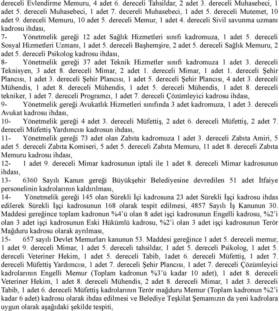 dereceli Sosyal Hizmetleri Uzmanı, 1 adet 5. dereceli Başhemşire, 2 adet 5. dereceli Sağlık Memuru, 2 adet 5.