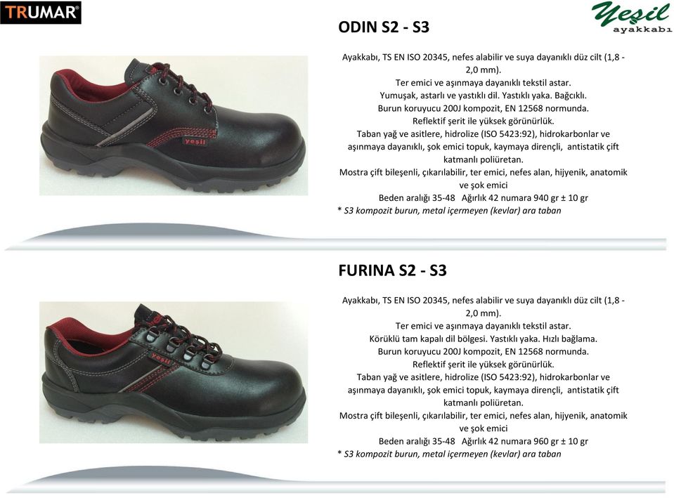 - S3 Ayakkabı, TS EN ISO 20345, nefes alabilir ve suya dayanıklı düz cilt (1,8-2,0 mm). Körüklü tam kapalı dil bölgesi.