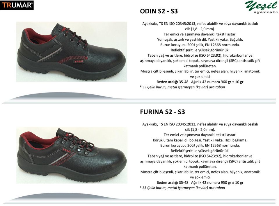 Ayakkabı, TS EN ISO 20345:2013, nefes alabilir ve suya dayanıklı baskılı cilt (1,8-2,0 mm).