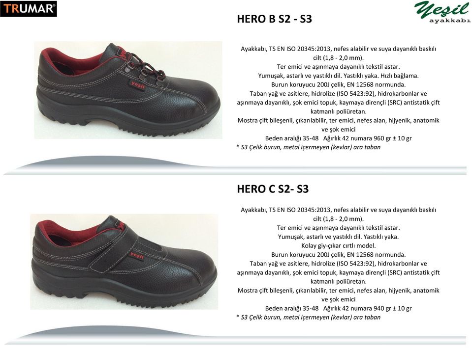 Beden aralığı 35-48 Ağırlık 42 numara 960 gr ± 10 gr * S3 Çelik burun, metal içermeyen (kevlar) ara taban HERO C S2- S3 Ayakkabı, TS EN ISO