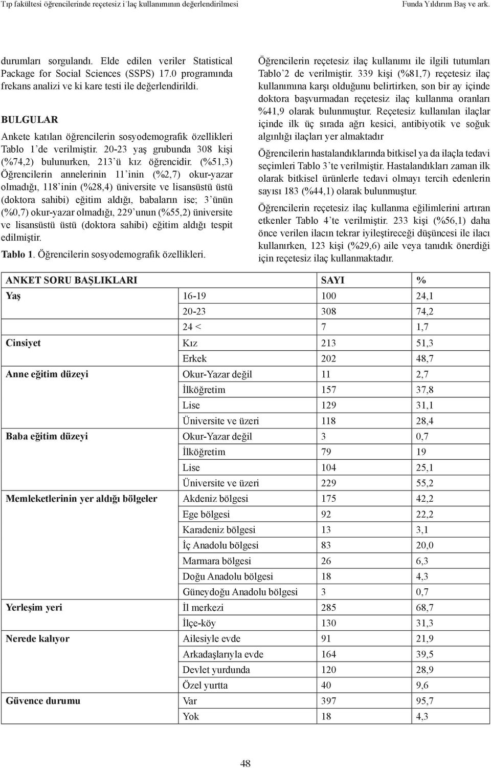 (%51,3) Öğrencilerin annelerinin 11 inin (%2,7) okur-yazar olmadığı, 118 inin (%28,4) üniversite ve lisansüstü üstü (doktora sahibi) eğitim aldığı, babaların ise; 3 ünün (%0,7) okur-yazar olmadığı,