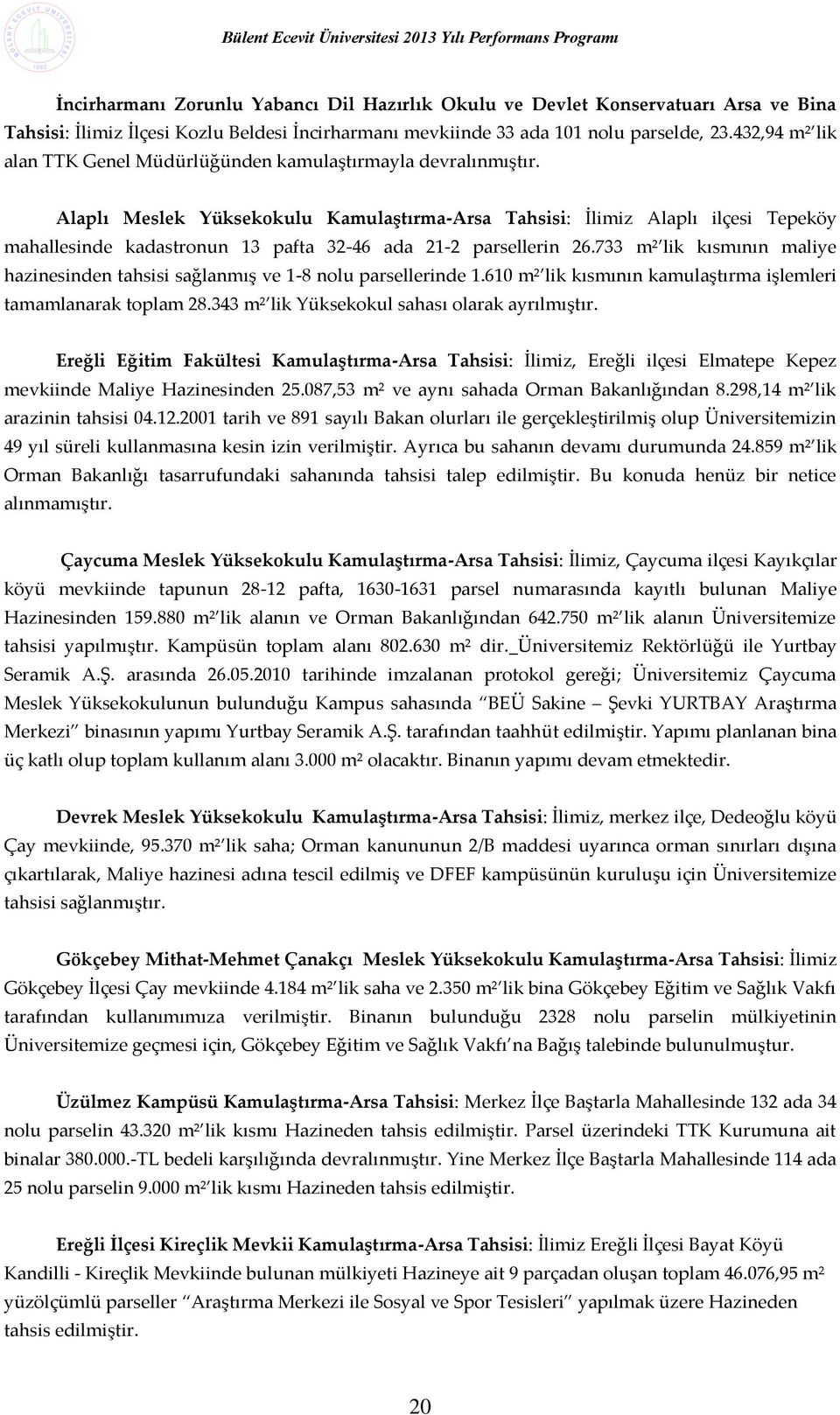 Alaplı Meslek Yüksekokulu Kamulaştırma-Arsa Tahsisi: İlimiz Alaplı ilçesi Tepeköy mahallesinde kadastronun 13 pafta 32-46 ada 21-2 parsellerin 26.