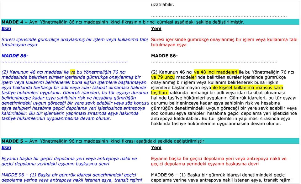 .. (2) Kanunun 46 ncı maddesi ile ve bu Yönetmeliğin 76 ncı maddesinde belirtilen süreler içerisinde gümrükçe onaylanmış bir işlem veya kullanım belirlenerek buna ilişkin işlemlere başlanmayan eşya