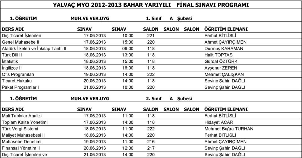 Sınıf A Şubesi Türk Vergi Sistemi 18.06.2013 11:00 222 Mehmet Buğra TURHAN Maliyet Muhasebesi II 18.06.2013 14:00 220 Ferhat BİTLİSLİ Muhasebe Denetimi 19.