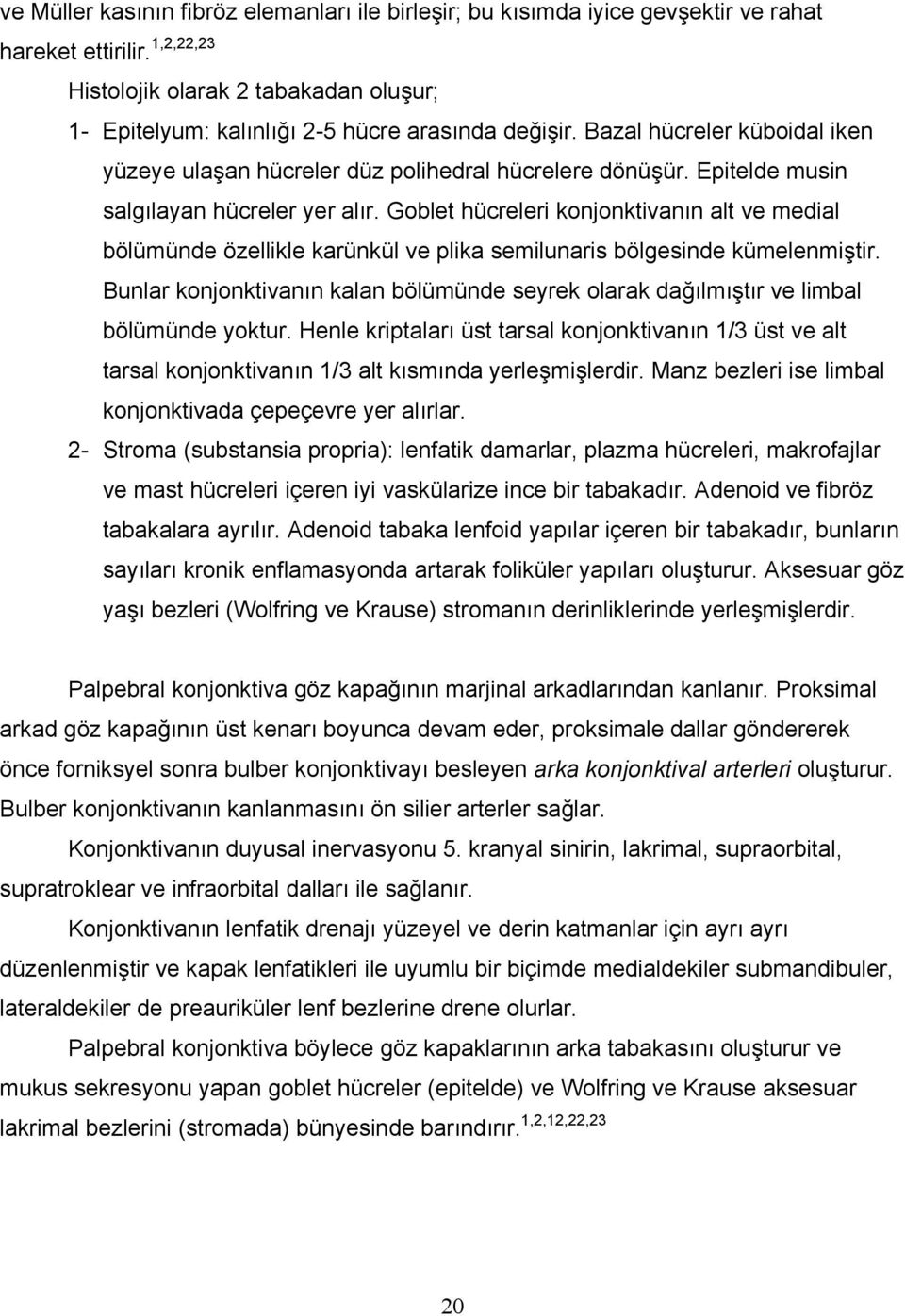 Epitelde musin salgılayan hücreler yer alır. Goblet hücreleri konjonktivanın alt ve medial bölümünde özellikle karünkül ve plika semilunaris bölgesinde kümelenmiştir.