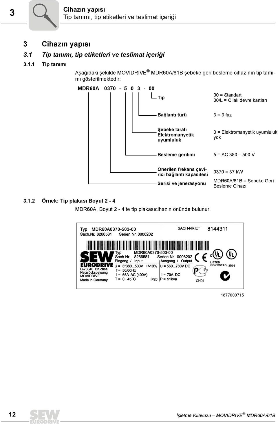 1 Tip tanımı Aşağıdaki şekilde MOVIDRIVE MDR60A/61B şebeke geri besleme cihazının tip tamımı gösterilmektedir: MDR60A 0370-5 0 3-00 Tip 00 = Standart 00/L = Cilalı devre
