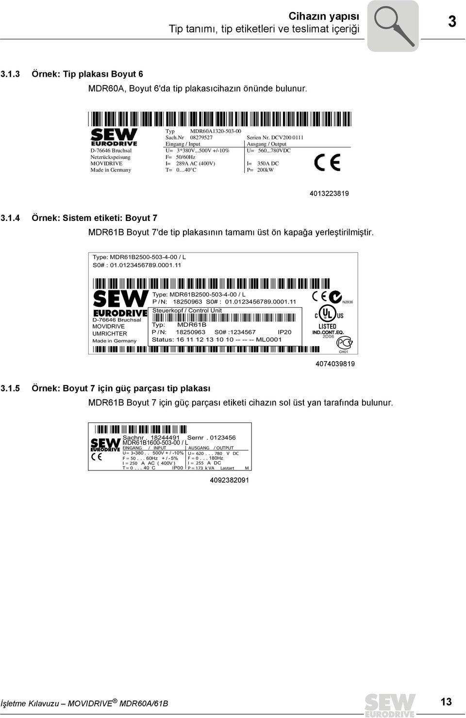 ..780VDC Netzrückspeisung F= 50/60Hz MOVIDRIVE I= 289A AC (400V) I= 350A DC Made in Germany T= 0 40 C P= 200kW 4013