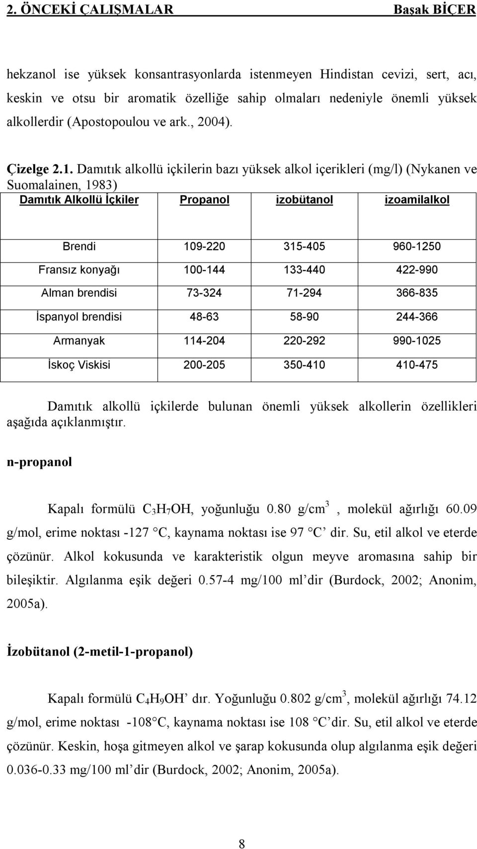 Damıtık alkollü içkilerin bazı yüksek alkol içerikleri (mg/l) (Nykanen ve Suomalainen, 1983) Damıtık Alkollü İçkiler Propanol izobütanol izoamilalkol Brendi 109-220 315-405 960-1250 Fransız konyağı