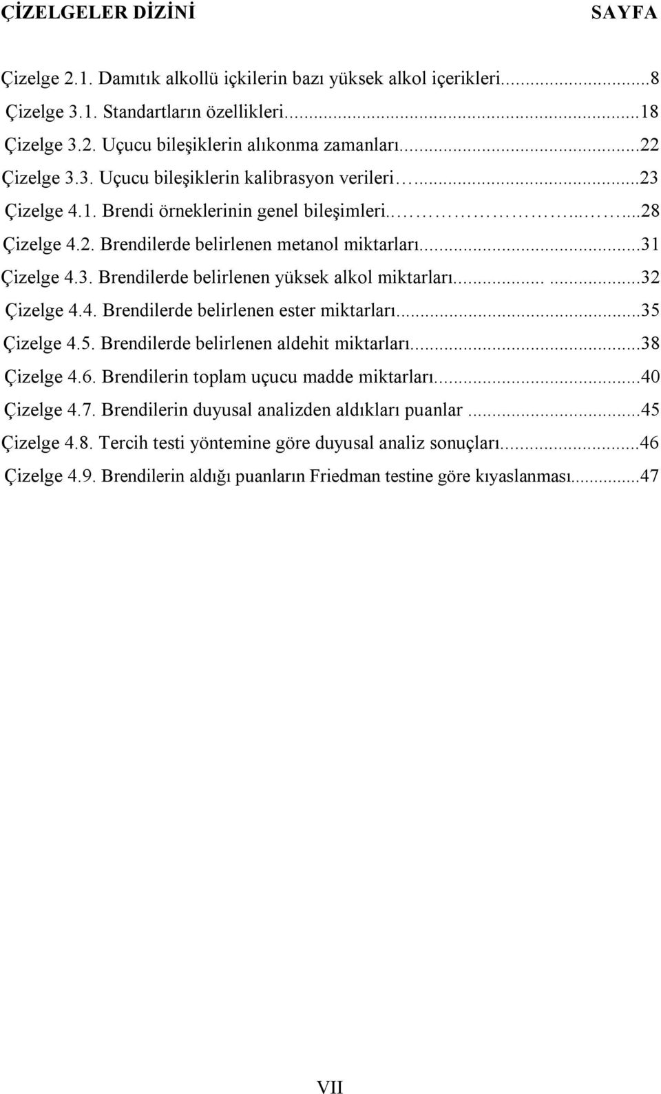 .....32 Çizelge 4.4. Brendilerde belirlenen ester miktarları...35 Çizelge 4.5. Brendilerde belirlenen aldehit miktarları...38 Çizelge 4.6. Brendilerin toplam uçucu madde miktarları...40 Çizelge 4.7.