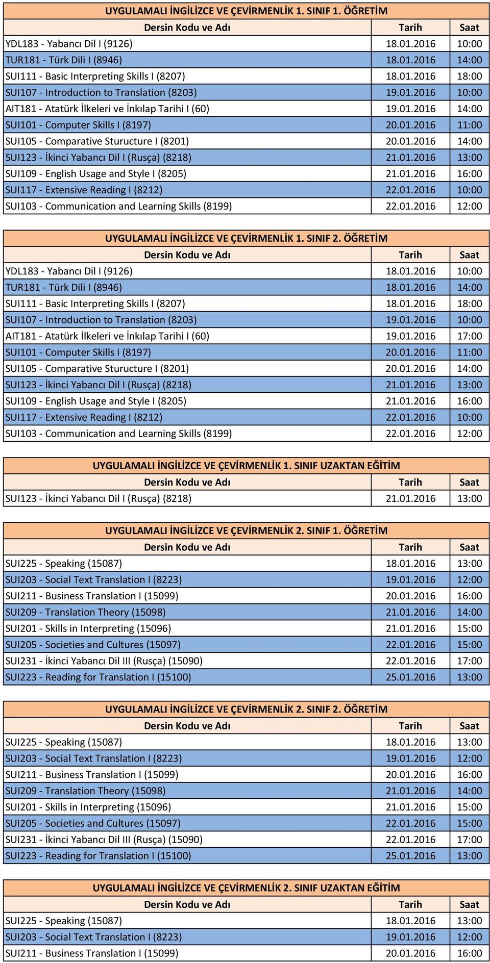 01.2016 16:00 SUI117 Extensive Reading I (8212) 22.01.2016 10:00 SUI103 Communication and Learning Skills (8199) 22.01.2016 12:00 UYGULAMALI İNGİLİZCE VE ÇEVİRMENLİK 1. SINIF 2.