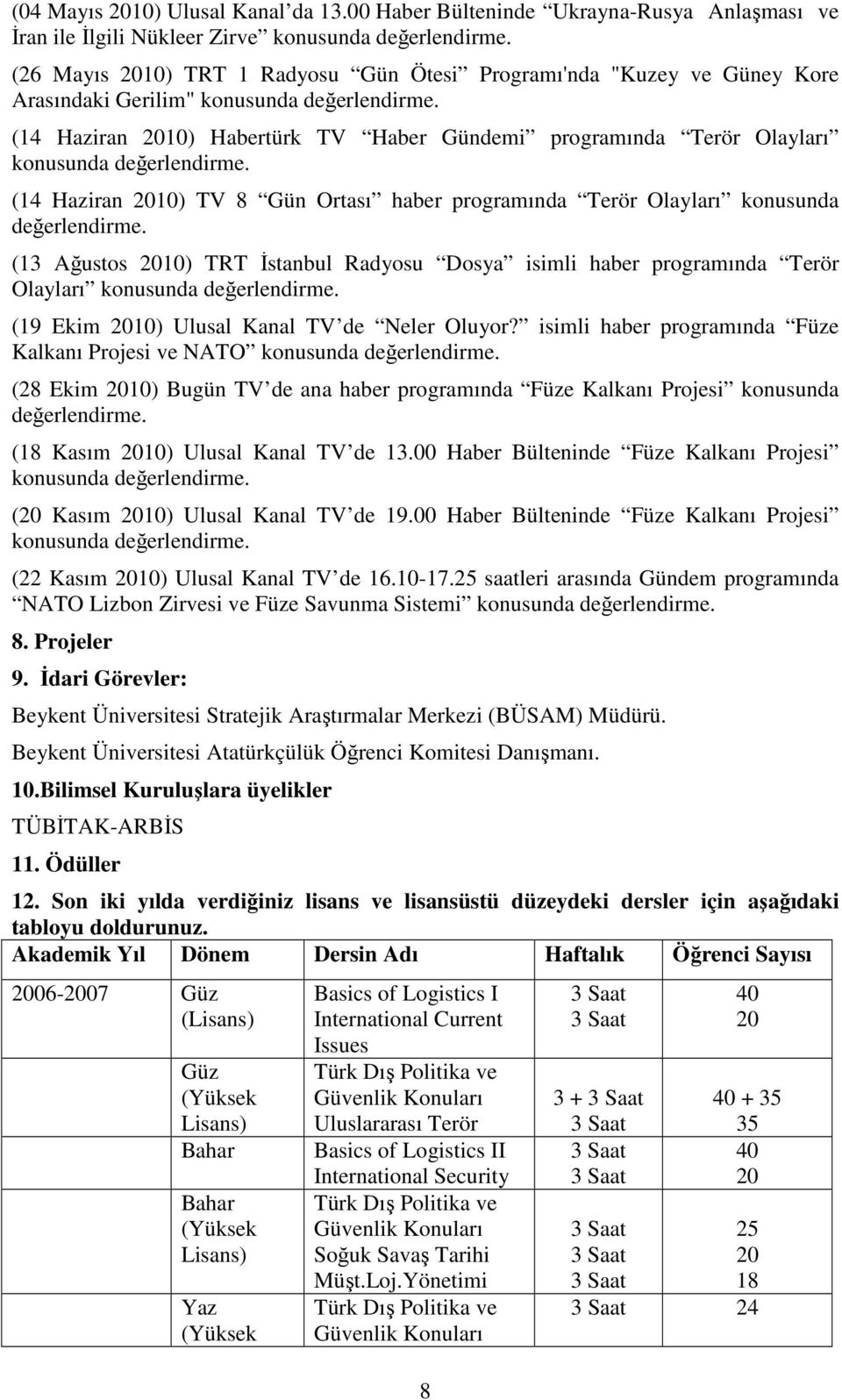 (14 Haziran 2010) Habertürk TV Haber Gündemi programında Terör Olayları konusunda değerlendirme. (14 Haziran 2010) TV 8 Gün Ortası haber programında Terör Olayları konusunda değerlendirme.