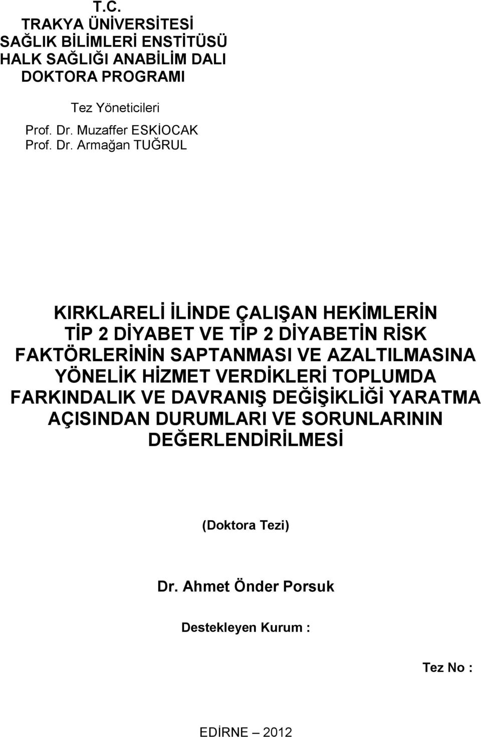 Armağan TUĞRUL KIRKLARELĠ ĠLĠNDE ÇALIġAN HEKĠMLERĠN TĠP 2 DĠYABET VE TĠP 2 DĠYABETĠN RĠSK FAKTÖRLERĠNĠN SAPTANMASI VE