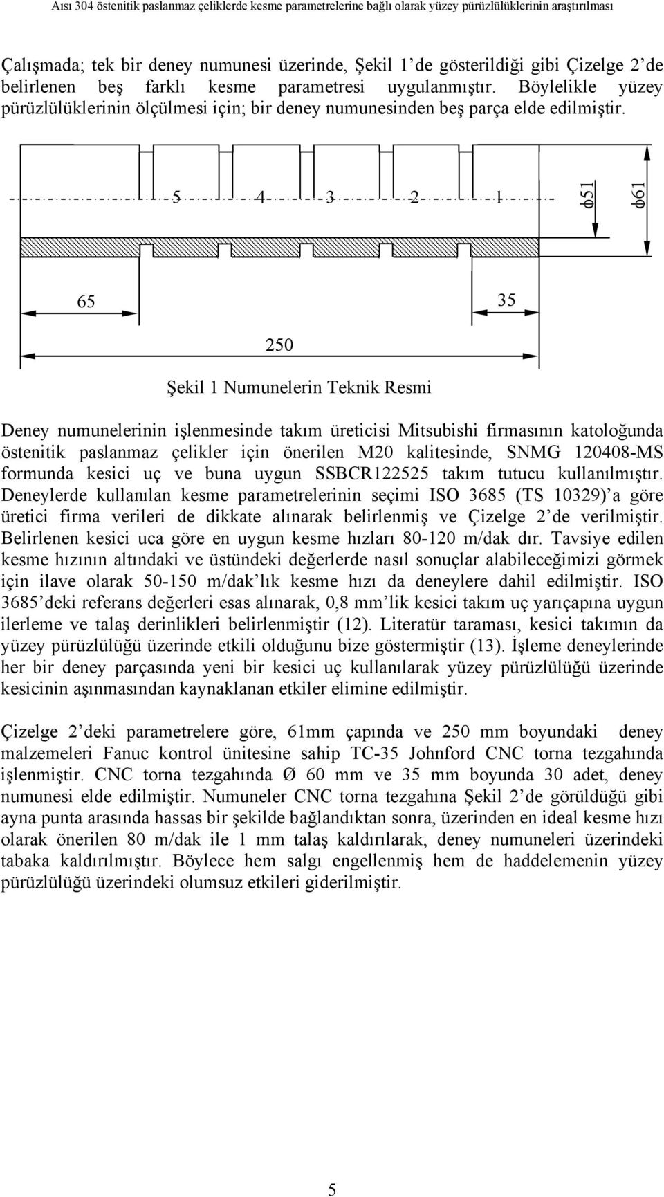 5 4 3 2 1 φ51 φ61 65 35 250 Şekil 1 Numunelerin Teknik Resmi Deney numunelerinin işlenmesinde takım üreticisi Mitsubishi firmasının katoloğunda östenitik paslanmaz çelikler için önerilen M20