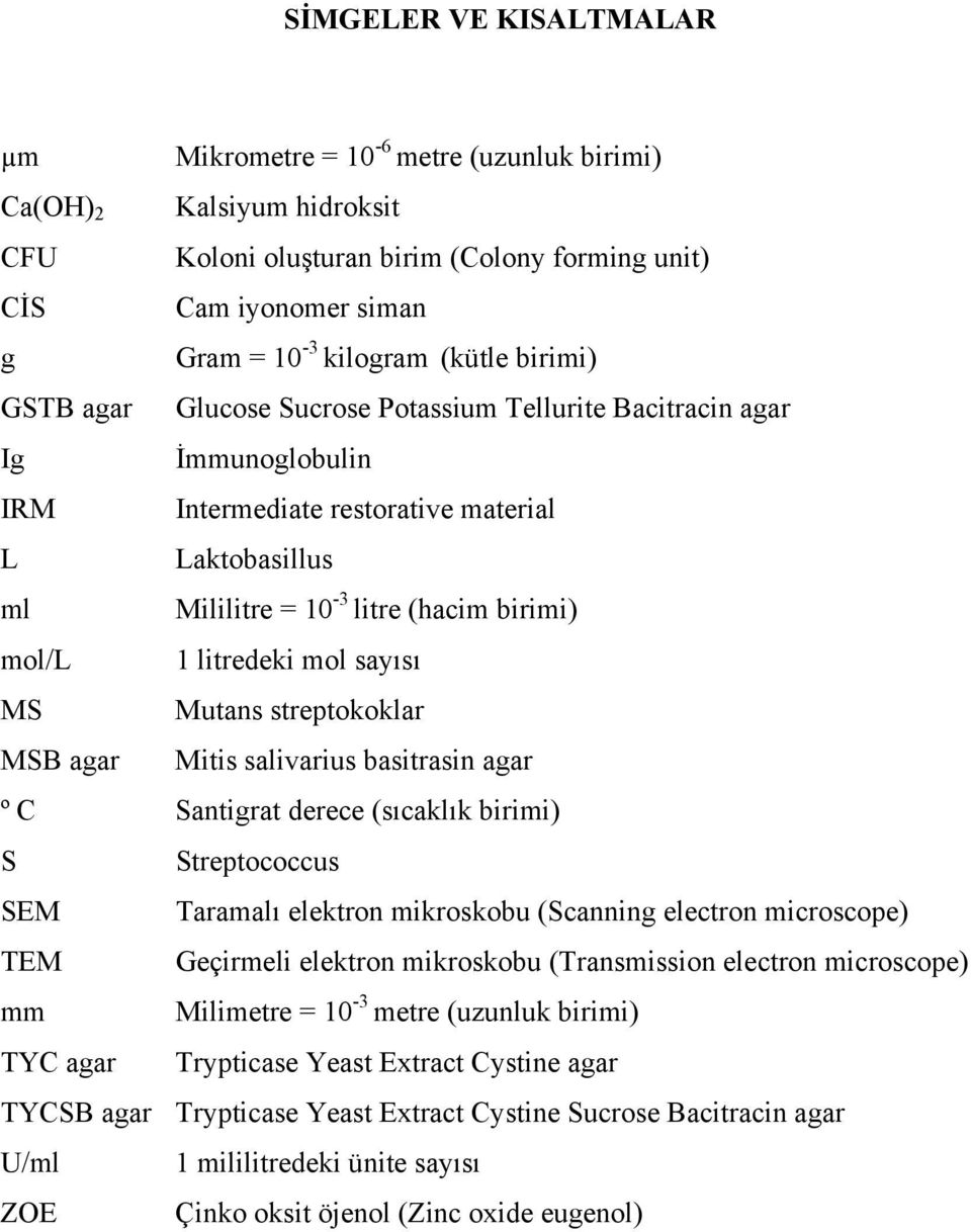 litredeki mol sayısı MS Mutans streptokoklar MSB agar Mitis salivarius basitrasin agar º C Santigrat derece (sıcaklık birimi) S Streptococcus SEM Taramalı elektron mikroskobu (Scanning electron