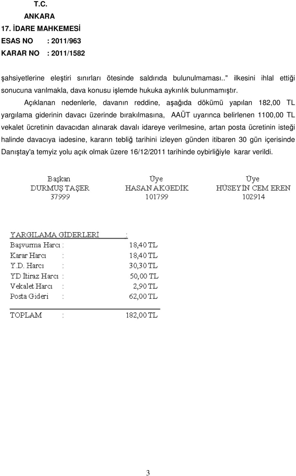 Açıklanan nedenlerle, davanın reddine, aşağıda dökümü yapılan 182,00 TL yargılama giderinin davacı üzerinde bırakılmasına, AAÜT uyarınca belirlenen