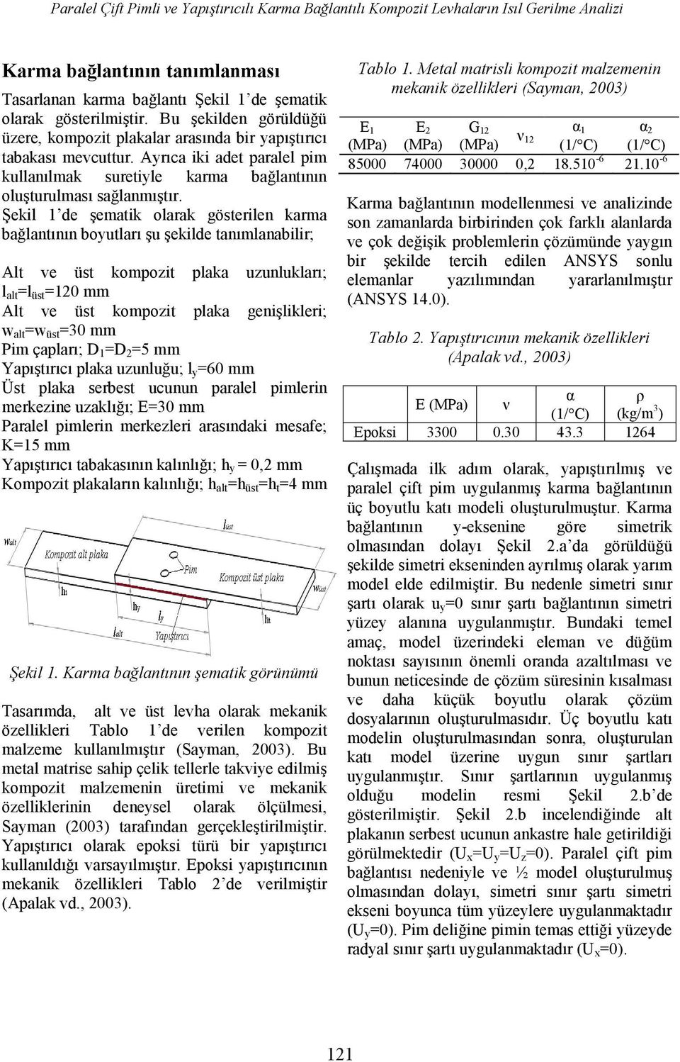 Şekil 1 de şematik olarak gösterilen karma bağlantının boyutları şu şekilde tanımlanabilir; Alt ve üst kompozit plaka uzunlukları; l alt =l üst =120 mm Alt ve üst kompozit plaka genişlikleri; w alt