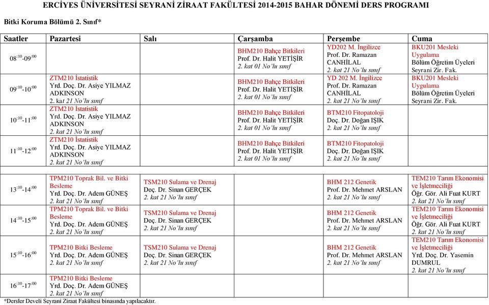 İngilizce Prof. Dr. Ramazan CANHİLAL YD 202 M. İngilizce Prof. Dr. Ramazan CANHİLAL BTM210 Fitopatoloji BTM210 Fitopatoloji BKU201 Mesleki BKU201 Mesleki TPM210 Toprak Bil.