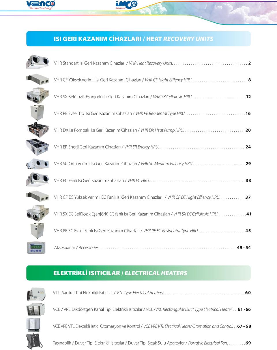 ... 16 VHR DX Isı Pompalı Isı Geri Kazanım Cihazları / VHR DX Heat Pump HRU....2 VHR ER Enerji Geri Kazanım Cihazları / VHR ER Energy HRU.