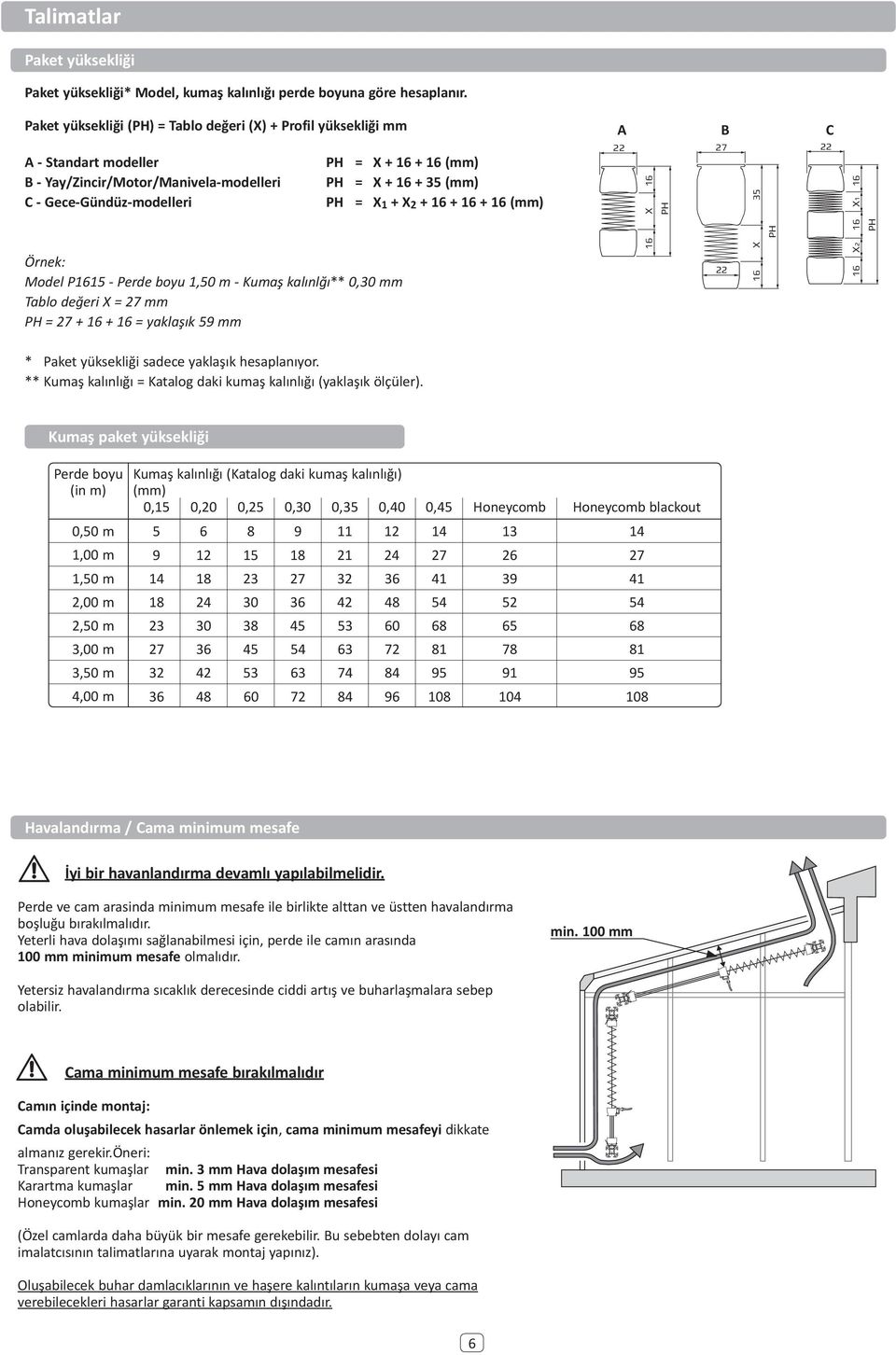 kalınlğı** 0,0 mm Tablo değeri X = 27 mm PH = 27 + + = yaklaşık 59 mm * Paket yüksekliği sadece yaklaşık hesaplanıyor. ** Kumaş kalınlığı = Katalog daki kumaş kalınlığı (yaklaşık ölçüler).