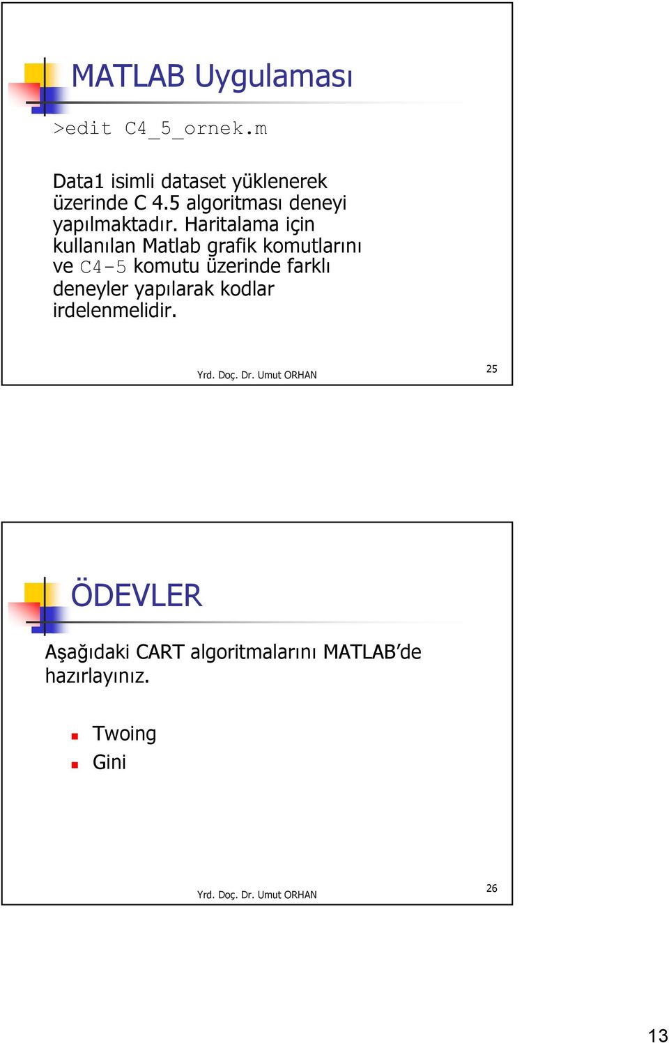 Haritalama için kullanılan Matlab grafik komutlarını ve C4-5 komutu üzerinde