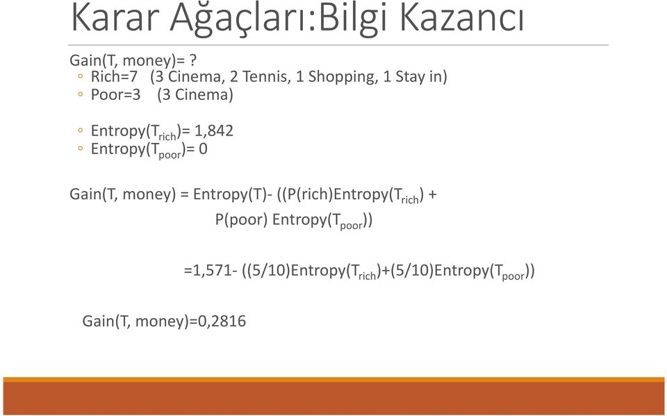 rich )= 1,842 Entropy(T poor )= 0 Gain(T, money) =