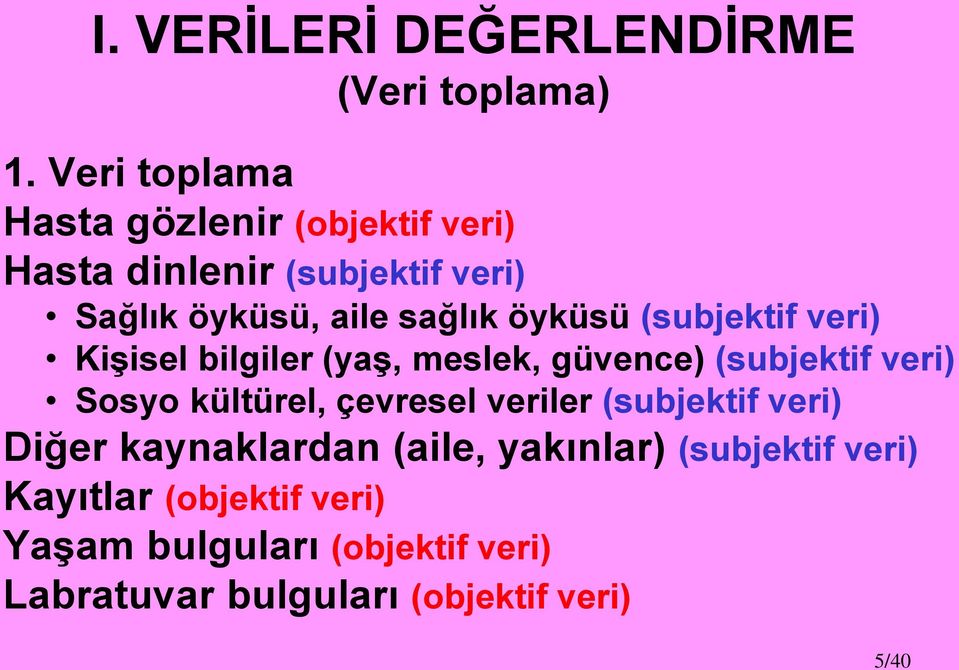 öyküsü (subjektif veri) Kişisel bilgiler (yaş, meslek, güvence) (subjektif veri) Sosyo kültürel, çevresel