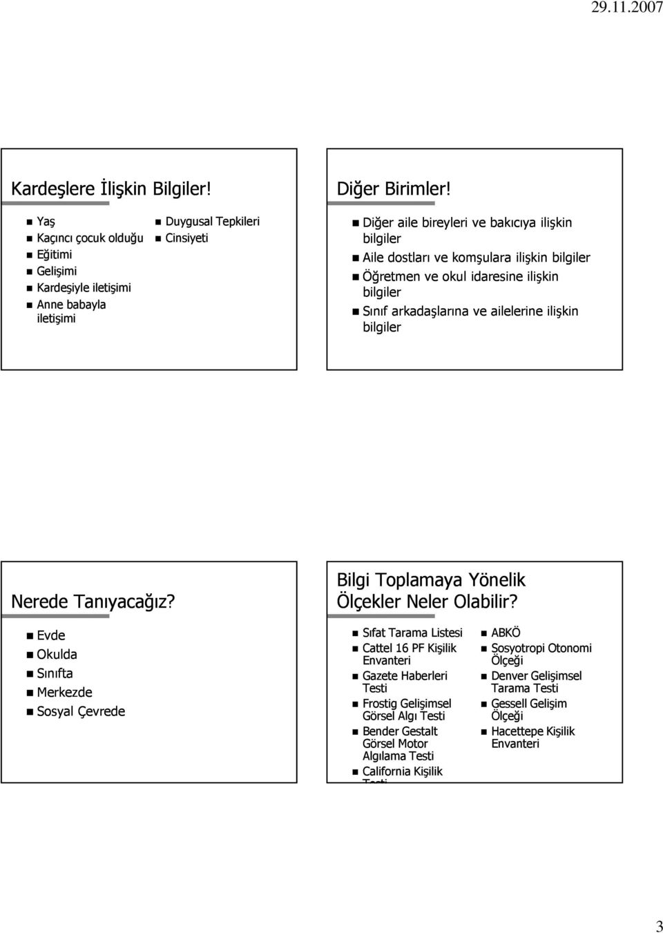 komşulara ilişkin Öğretmen ve okul idaresine ilişkin Sınıf arkadaşlarına ve ailelerine ilişkin Nerede Tanıyacağız? Bilgi Toplamaya Yönelik Ölçekler Neler Olabilir?