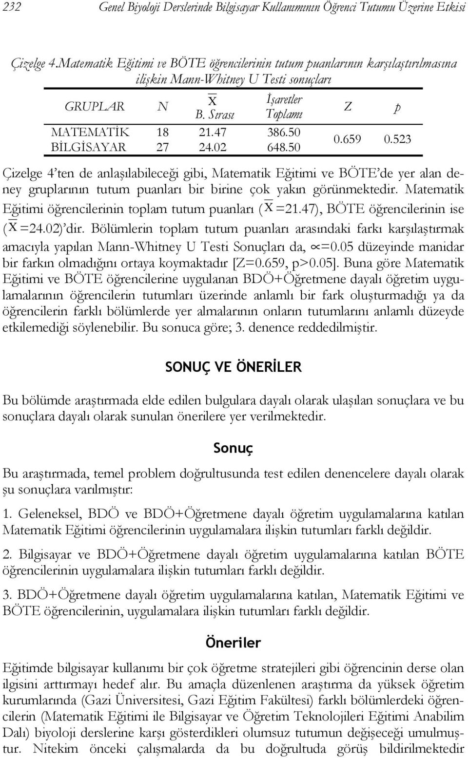 50 BİLGİSAYAR 27 24.02 648.50 Z p 0.659 0.523 Çizelge 4 ten de anlaşılabileceği gibi, Matematik Eğitimi ve BÖTE de yer alan deney gruplarının tutum puanları bir birine çok yakın görünmektedir.