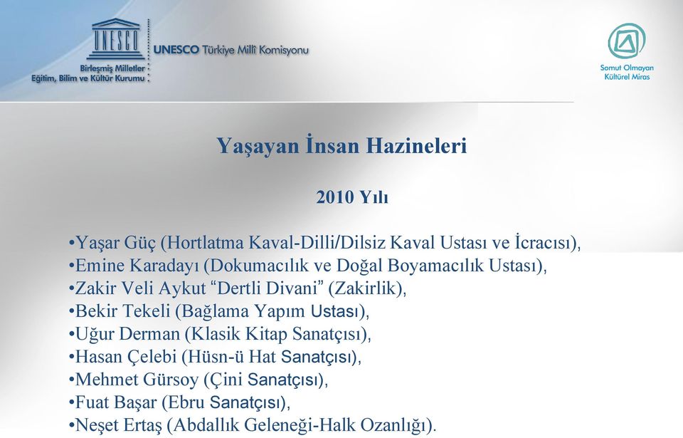 Bekir Tekeli (Bağlama Yapım Ustası), Uğur Derman (Klasik Kitap Sanatçısı), Hasan Çelebi (Hüsn-ü Hat