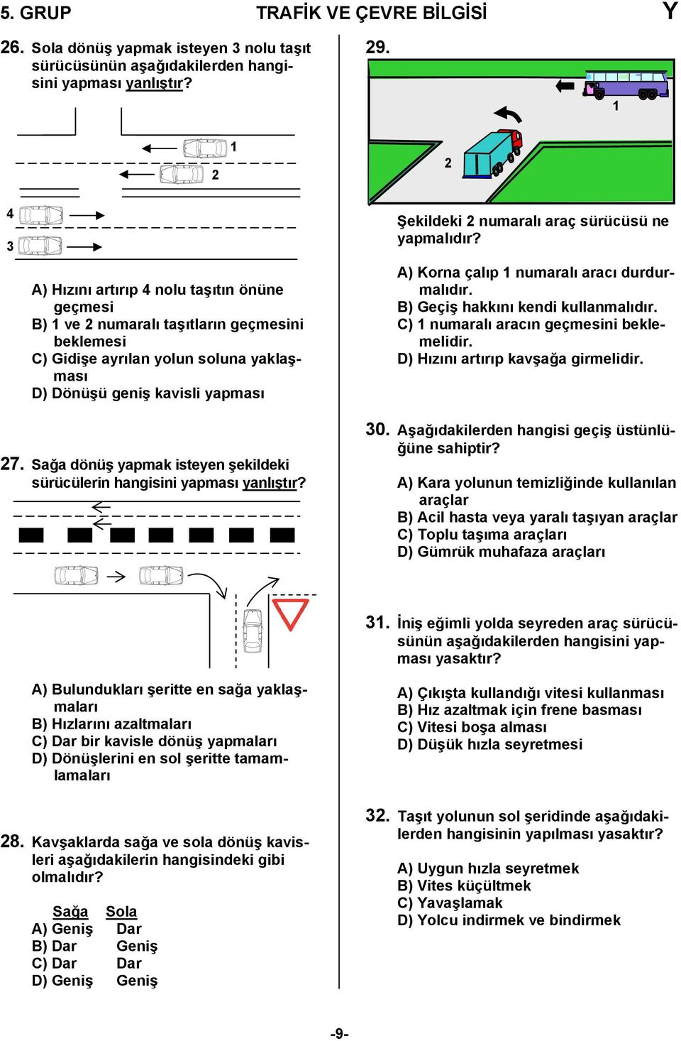 numaralı araç sürücüsü ne yapmalıdır? A) Korna çalıp 1 numaralı aracı durdurmalıdır. B) Geçiş hakkını kendi kullanmalıdır. C) 1 numaralı aracın geçmesini beklemelidir.