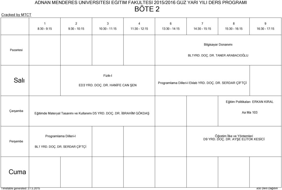 DOÇ. DR. SERDAR ÇİFTÇİ Eğitim Politikaları ERKAN KIRAL Eğitimde Materyal Tasarımı ve Kullanımı D5 YRD. DOÇ. DR. İBRAHİM GÖKDAŞ Aa Ma 0 Programlama Dilleri-I BL YRD.